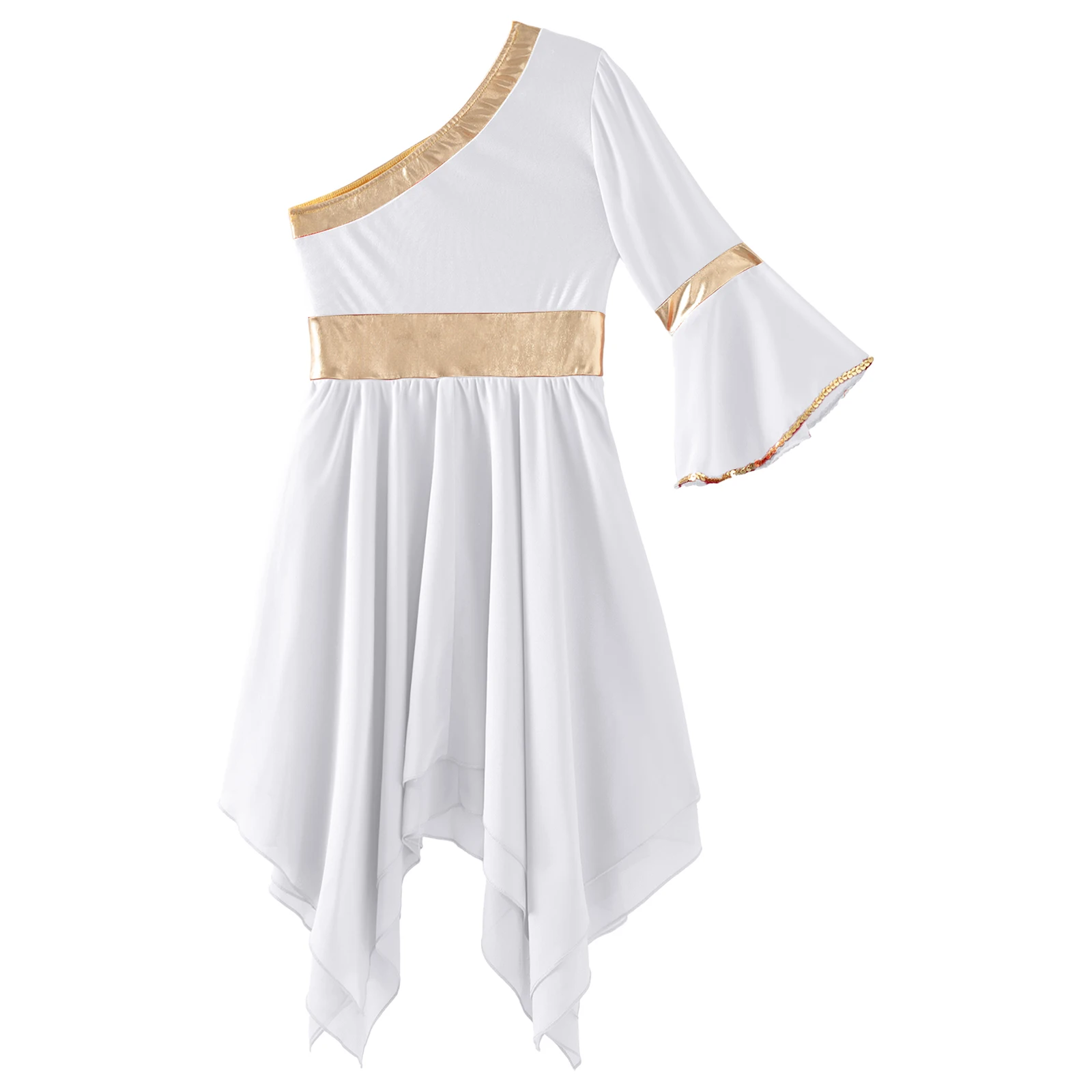 Kids Girls One Shoulder Praise Ballet Lyrical Dance Costume Worship Dress Celebration Irregular Hem Liturgical Dancing Dresses