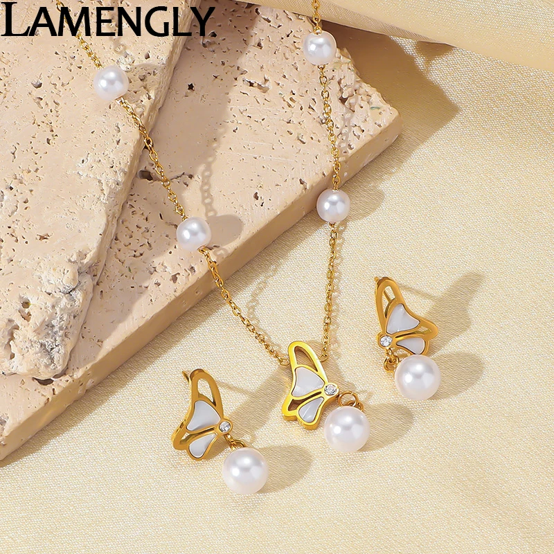 

LAMENGLY 316L Stainless Steel Pearl Shell Hollow Butterfly Pendant Necklace Earrings For Women Girl New Trennd Jewelry Set Gifts