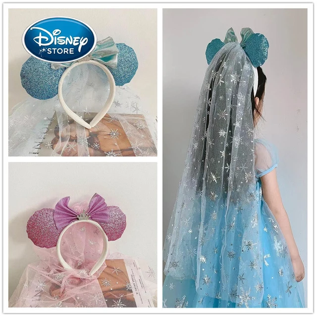 Disney Frozen Elsa Princess Headband Mickey Ears Blue Veil Headband  Children's Sequin Bow Crown Park Girl Tiara - AliExpress