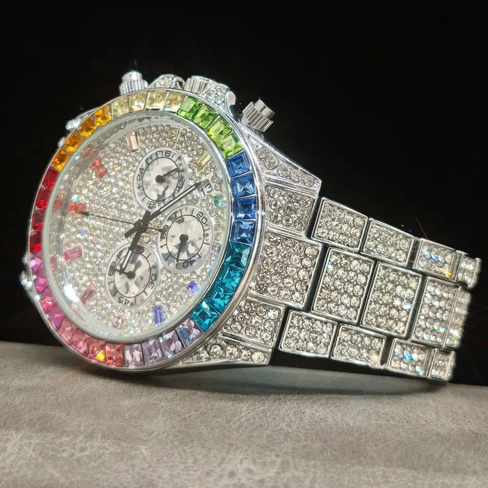 

New Fashion Rainbow Diamond Waterproof Watch For Men Luxury Hip Hop Iced Shiny Jewelry Gold Quartz Man Wristwatch Marcas Famosas