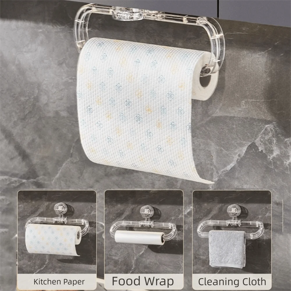 

Wall Mounted Suction Cup Paper Towel Holder Reusable Rotatable Fresh-Keeping Bag Film Storage Rack Space Saving Removable