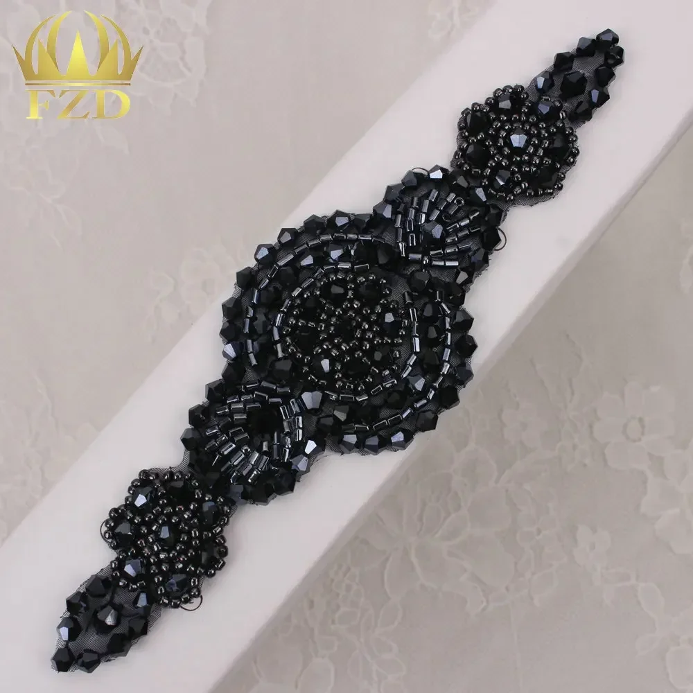 (1 Pieces) Hotfix Black Handmade Bridal Belt Pearl Crystal Rhinestones Appliques for Wedding Bridal Dress Belt Rhinestones Belt