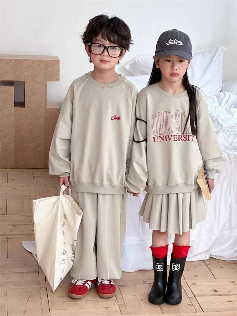 Kid Clothes Suit 2024 Spring New Korean Style Children Sister and Brother Letter Suit Boys and Girls Casual Hoodie Two-piece Set