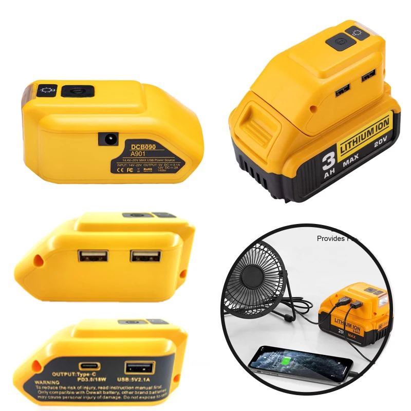 Battery adapter DCB090 for Dewalt 18V 20V external battery with Dual USB Type-C DC Original Replacement LED Work light