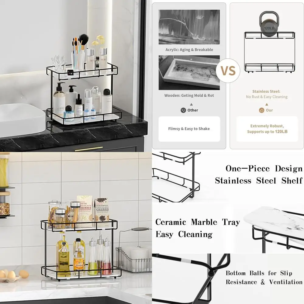 

Stainless Steel Vanity Organizer with Gold Accents for Countertop, Perfume, Makeup, and Cosmetics Storage on White Marble Tray