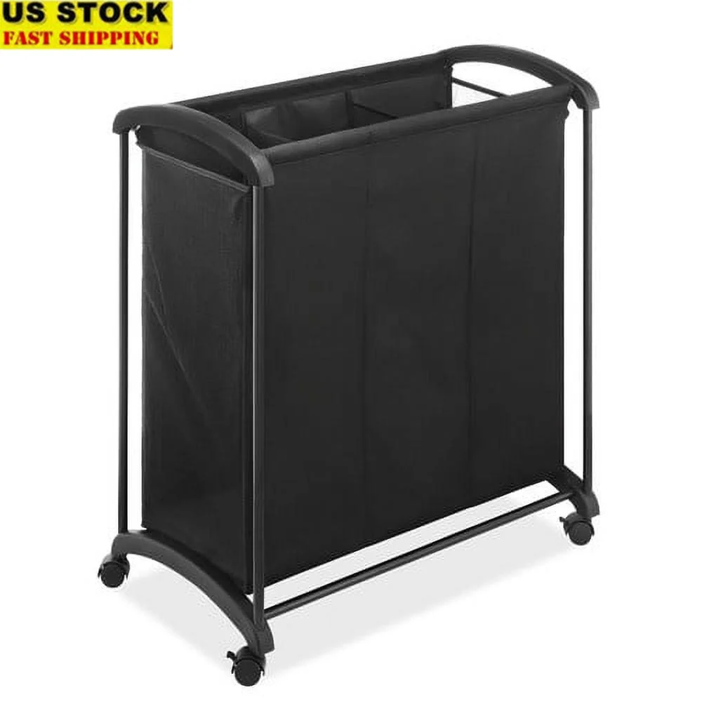 

3 Section Laundry Sorter on Wheels with Locking Casters Easy Sorting of Clothes Toys Sports Equipment in Black