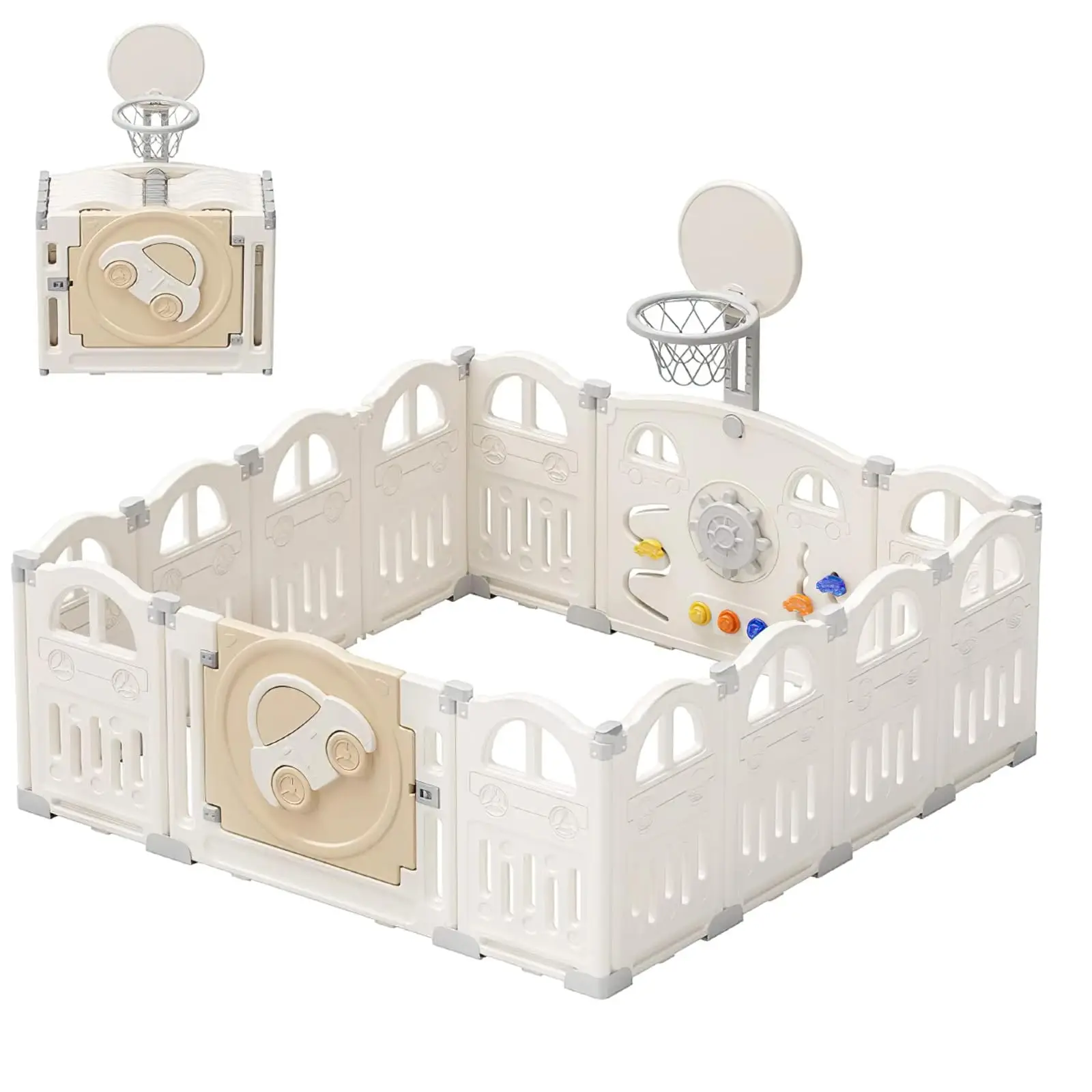 Box pieghevole per bambini con mini canestro da basket e 50 palline colorate, box a tema auto per neonati e bambini piccoli