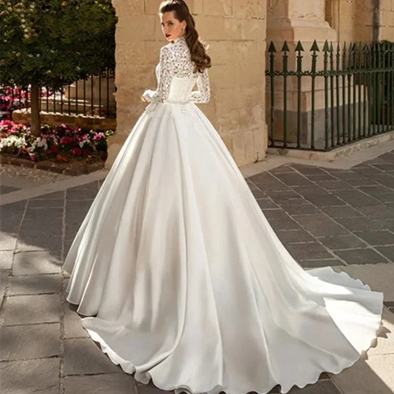 customized  Wedding Dress High Neck Appliques Robe De Mariee Long Sleeves A-line Beach Bridal Gowns Vestido De Noiva for Women