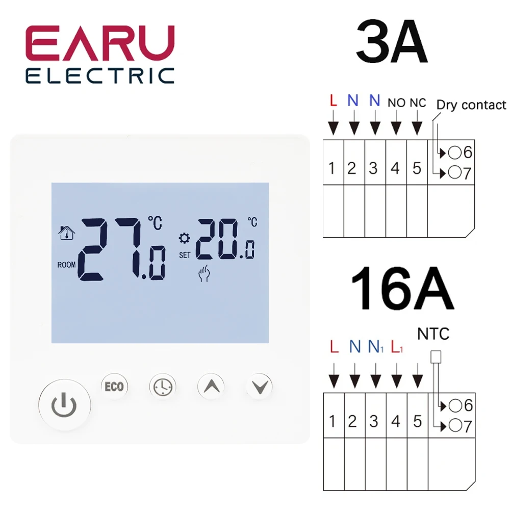 AC90V-240V 3A 16A Water Electric Floor Heating TRV House Room Thermostat Temperature Controller Digital LCD Display Wall Mounted