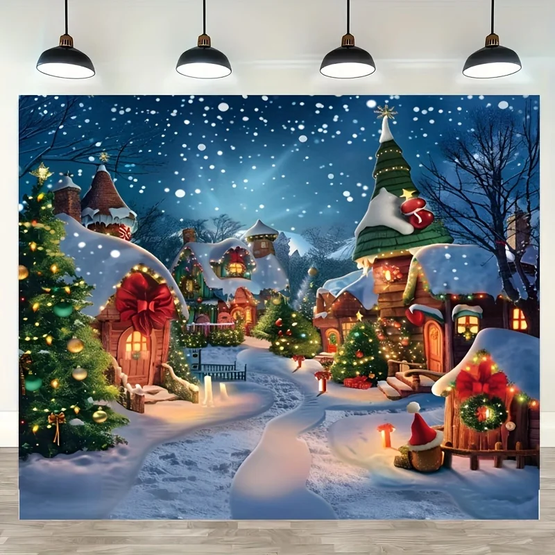 1 bannière de fond de photographie de Village de Noël - Scène de neige d'hiver des arbres de cèdre, polyester polyvalent, multifonctionnel
