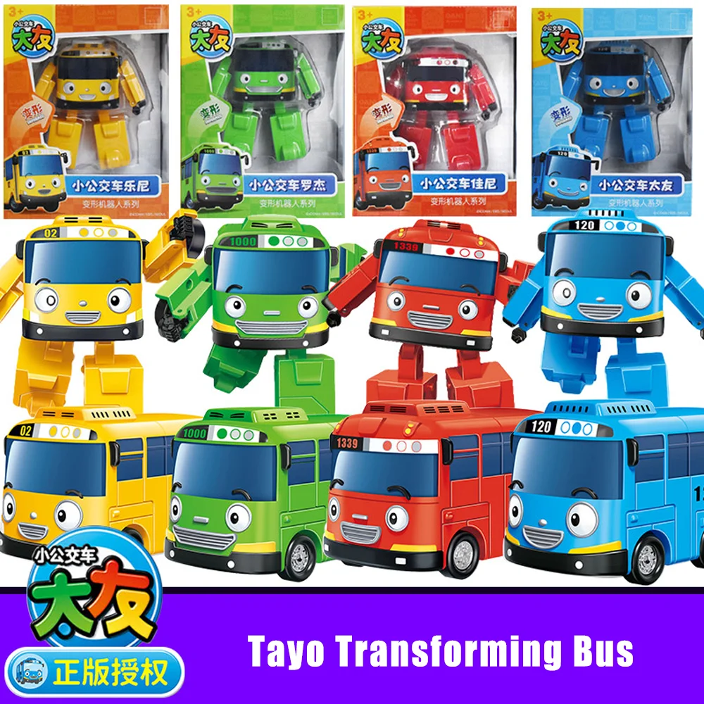 Original Korean TAYO The Little Bus Cartoon Transforming Bus Robot Toy 4-Piece Gift Set for Kids