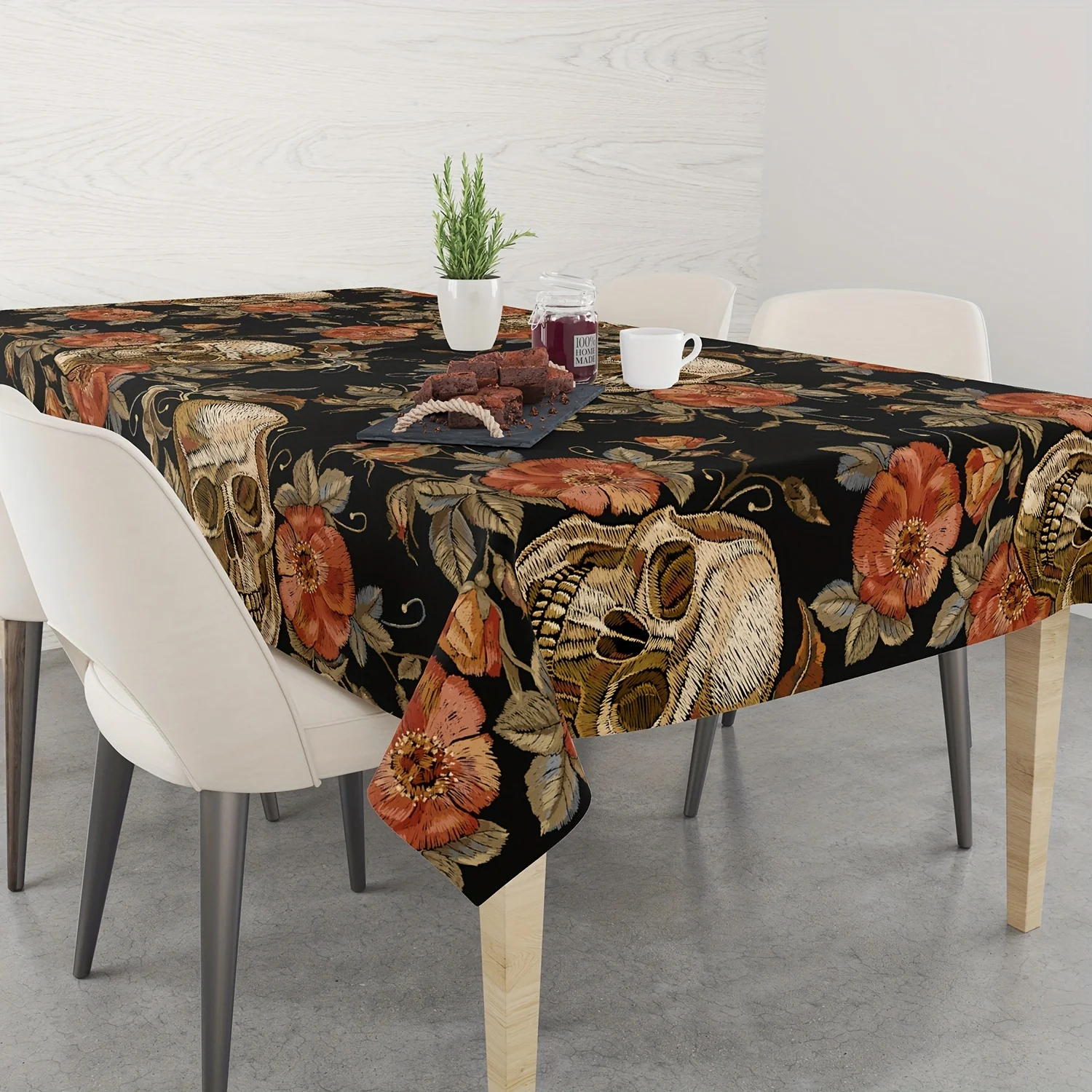 One skeleton tablecloth for home decoration. Features red roses and peony leaves of the skeleton motif.zyc