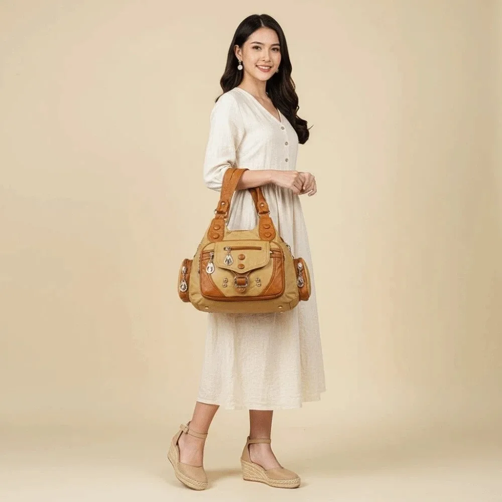 

Black Handbag Retro Tote Bag Texture Leather Multi-pockets Contrast Color Shoulder Bag Large Capacity Waterproof