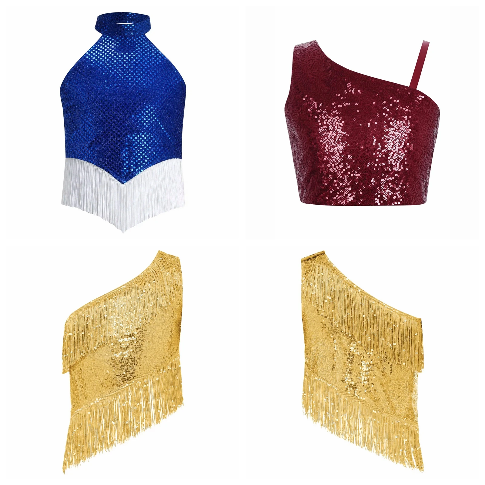 Girls Sleeveless Tank Tops Children Rumba Salsa Tango Latin Disco Outfit Sequin Fringe Crop Tops Tassel Sparkly Dance Clothes