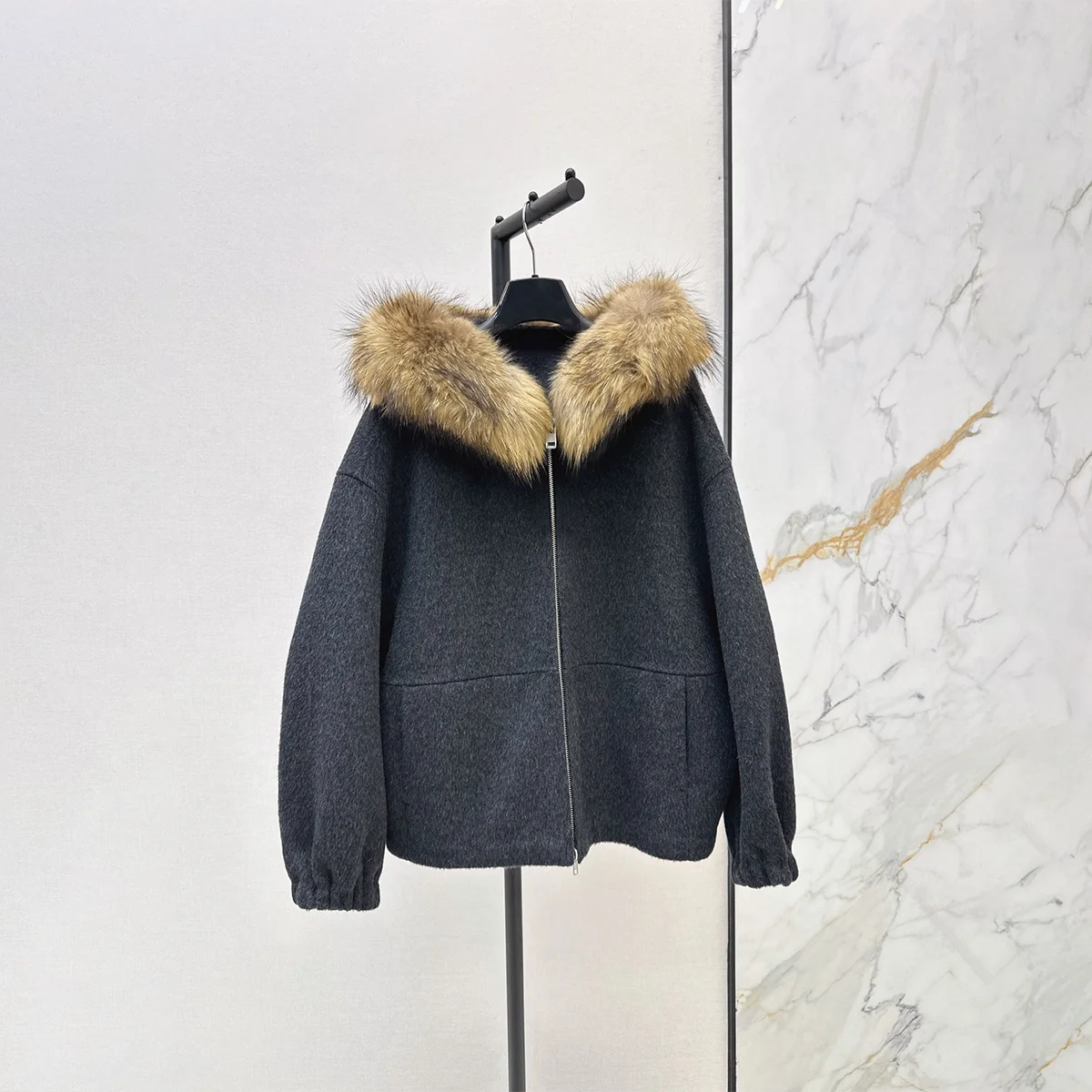 2026 Women Hooded Faux Fur Collar Double Faced Wool Short Coat Zip Jacket261021126