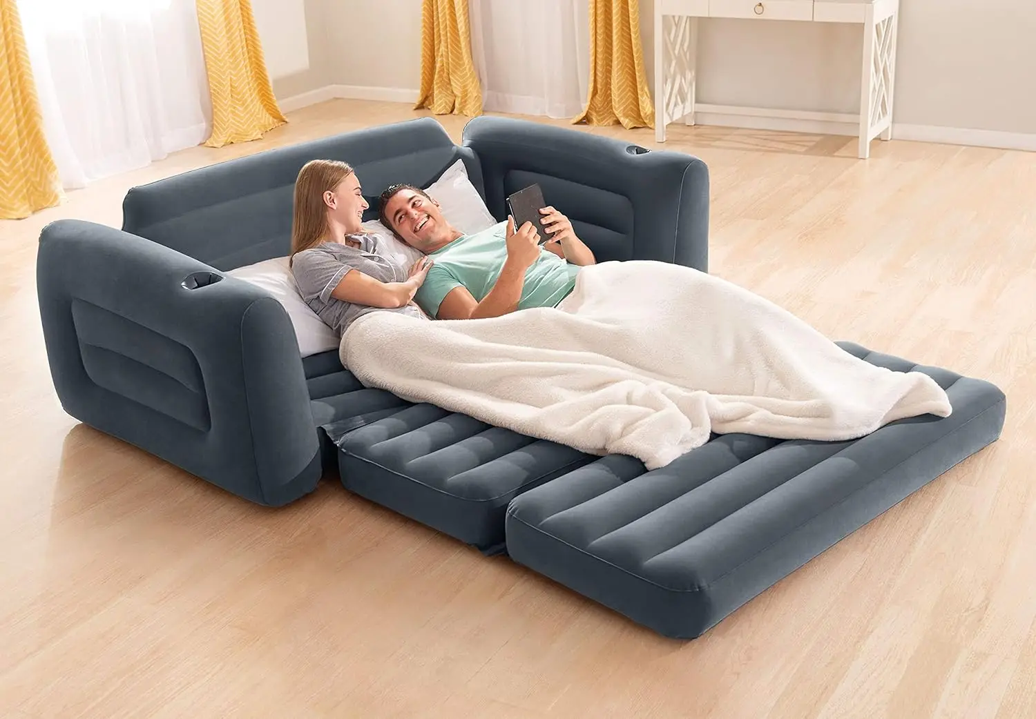 Sofá inflable extraíble 2 en 1 para adultos, colchón de cama de aire tamaño Queen con portavasos para uso interior y exterior, 2 paquetes