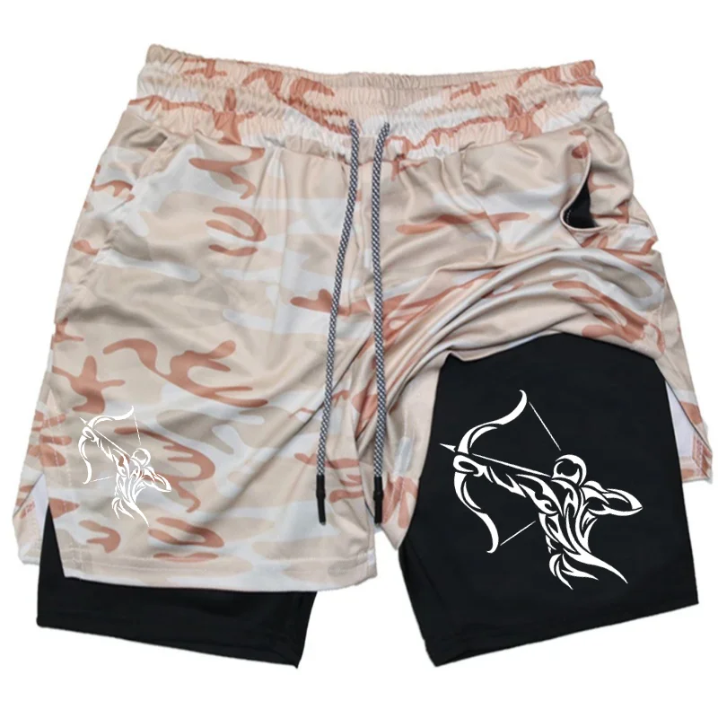 Archery Print 2 in 1 Running Workout Shorts for Men Gym Performance Shorts with Phone Pocket Towel Loop Athletic Activewear