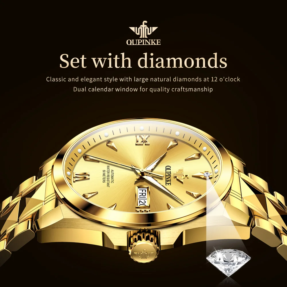 OUPINKE 3306 Men Mechanical Watch Original Genuine Luxury Watch Gold Tungsten Steel True Diamond Watch Brand Automatic Men Watch
