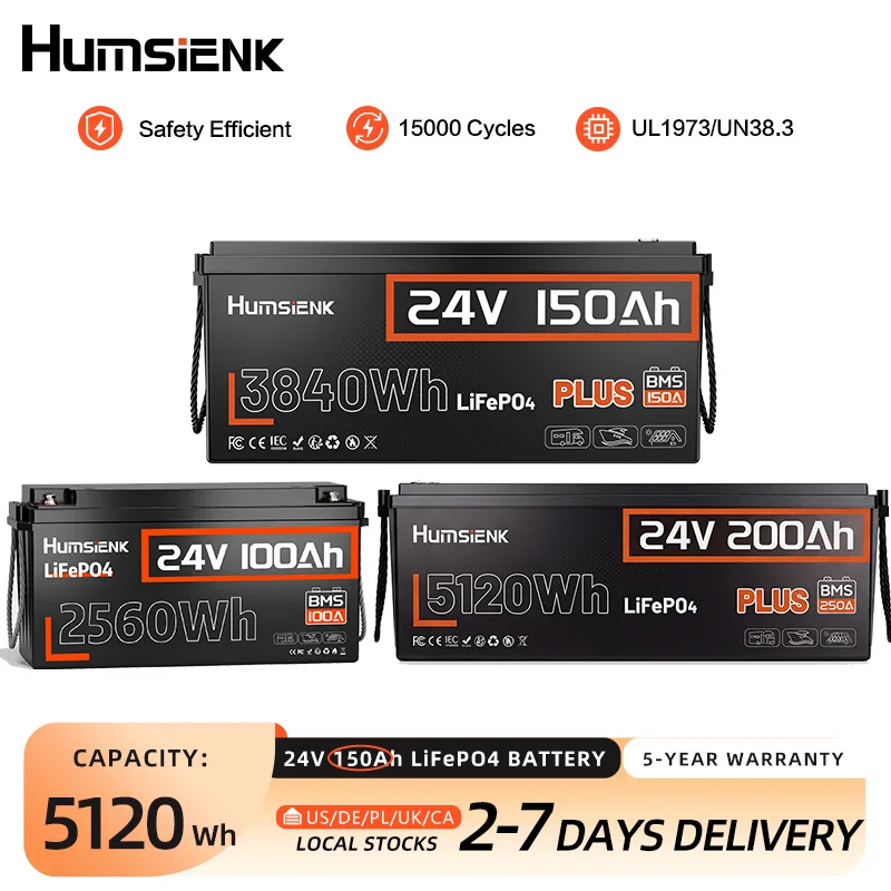 Humsienk 24V 100Ah/200Ah/150Ah LiFePO4 Battery, MAX 15000 Cycles, Built-in 100A/200A/250A BMS, 15000+ Deep Cycle, Low-Temp Protection For RV, Van, Golf Cart, Boat, Camper, Marine, Trolling Motor, Off-Grid, Solar Energy Storage