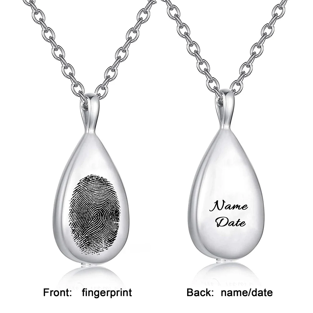 Teardrop Cremation Necklace for Ashes Customized Pet Paw Prints/Fingerprints Stainless Steel Urn Pendant Ashes Holder Memorial