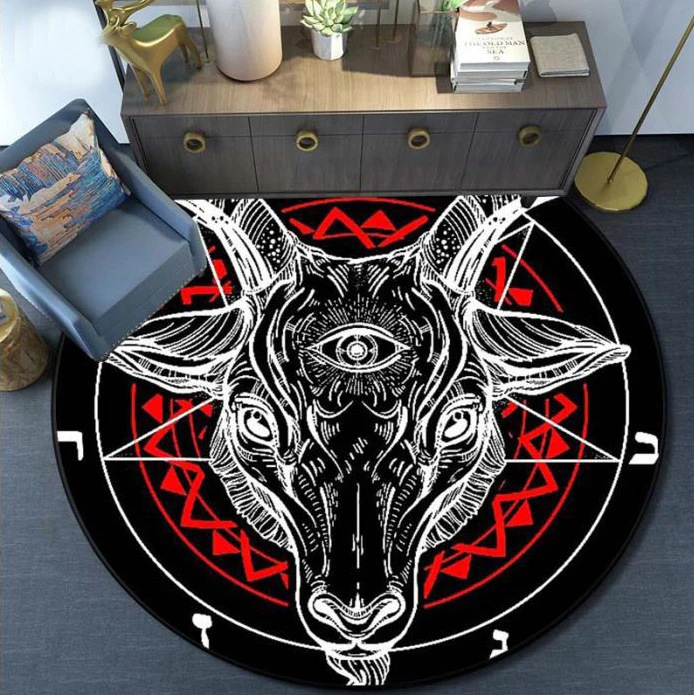 Skull Satanic Goat Pentagram Wing Demon Version Carpet Round Rugs Non-slip Area Rug for Living Room Bedroom Foot Pad Decoration