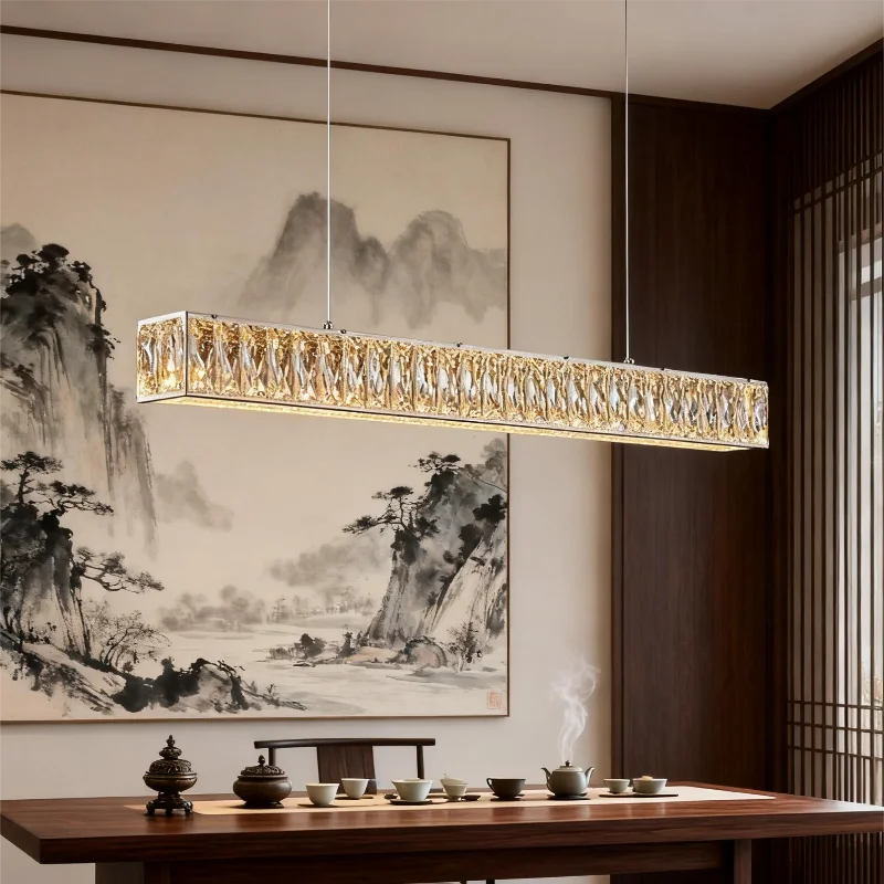 الحديثة كريستال قلادة ضوء الفاخرة شريط طويل Led غرفة الطعام الثريا الشمال مطعم جزيرة بار تركيبات إضاءة داخلية