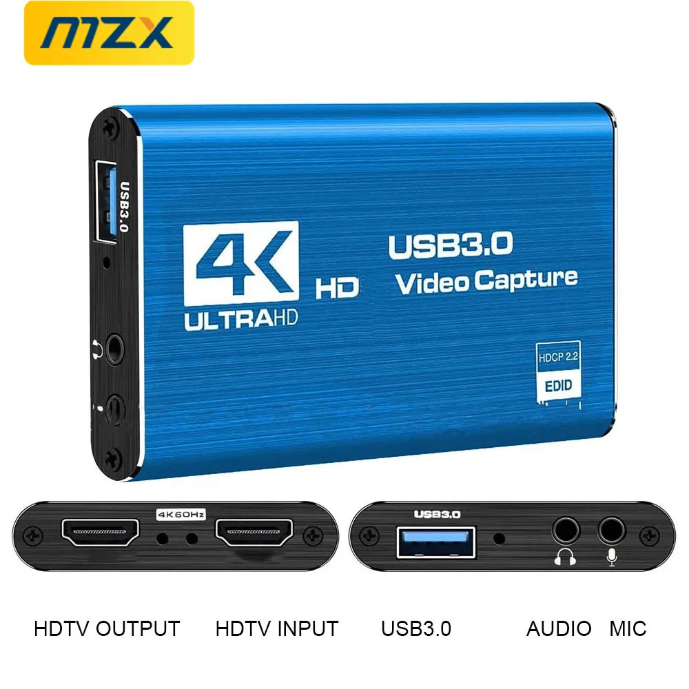 MZX Video Capture Card Box 4K 30Hz 60Hz HD4K USB 3.0 1080P 30fps 60fps HD Recorder Grabber For OBS Capturing Game Audio Mic Live