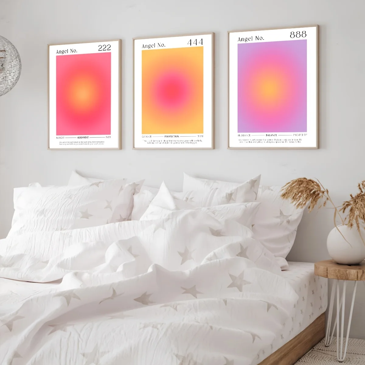Juego de 3 números de ángel: carteles coloridos de Aura y afirmación, arte de pared rosa degradado para mujer, decoración minimalista moderna, marco
