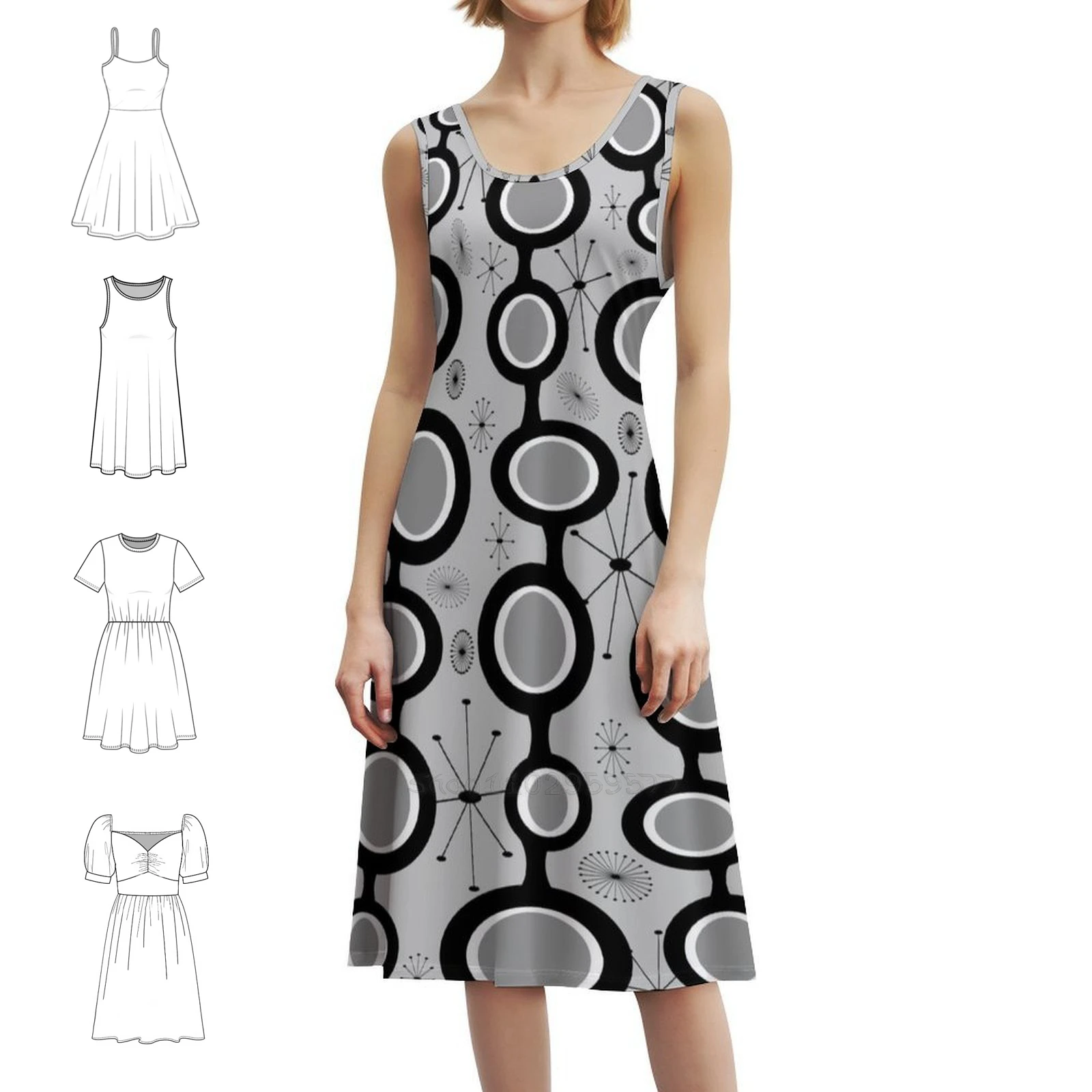 

Gray Atomic Age Art-Mid Century Modern In Black & White Sweetheart Neckline Dress Elegant Summer Party Dress For Women Gray