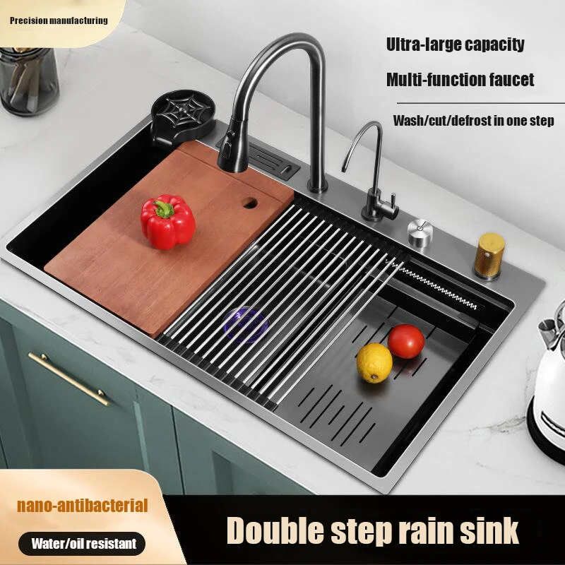 The New Ultra Large Capacity Multifunctional Double Step Rain Sink Household Kitchen Sink With Knife Holder Stainless Steel Wash