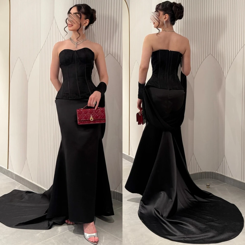 

Customized Exquisite Strapless Mermaid Evening Dress Classic Satin Cocktail Dress Fashion Court Train Special Occasion Gowns