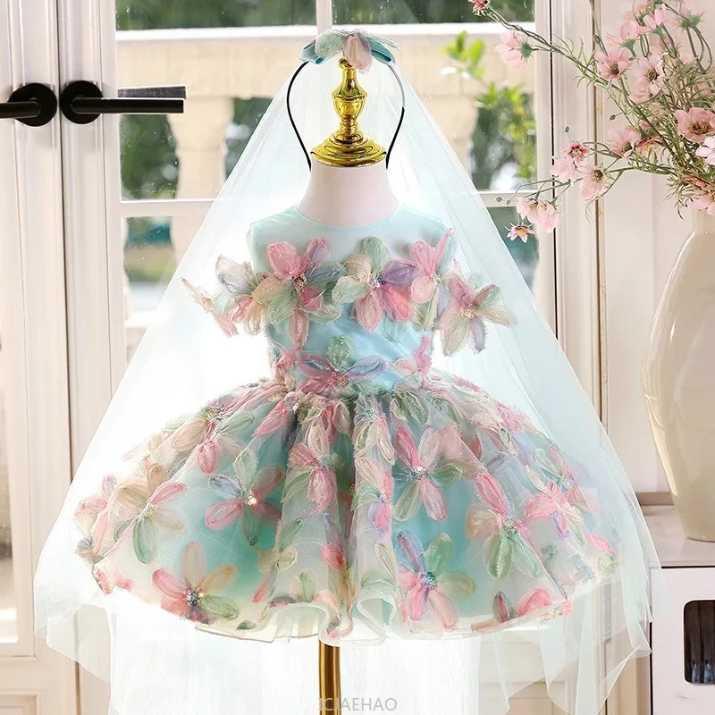 Wed Dress 2025 Kids Princess Girls First Year Birthday Gown Pageant Host Outfit Piano Recital Performance Formal Wear Costume