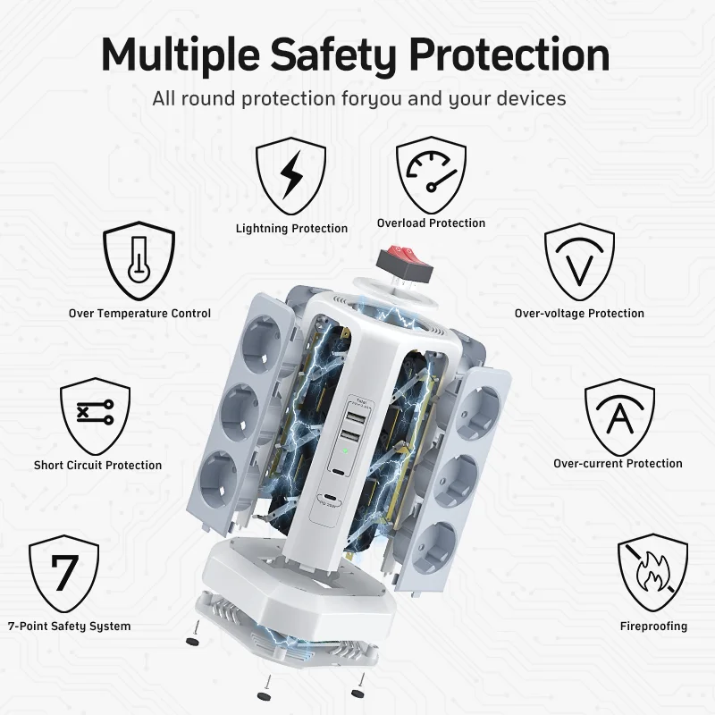 12-bit multi-socket power board 4000W16A, 2 USB A and 2 USB C ports, top merge switch, with 1.8M extension cable gray model