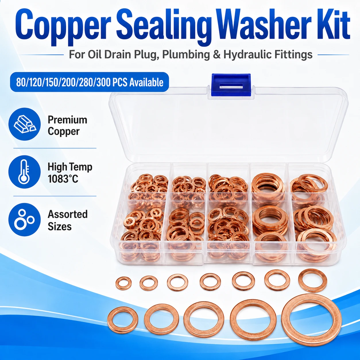 1 Box Coppers Flat Sealing Washers Kit, High Temp Crush Gaskets Assortment for Automotive Plumbing Hydraulic Oil Drain Plug