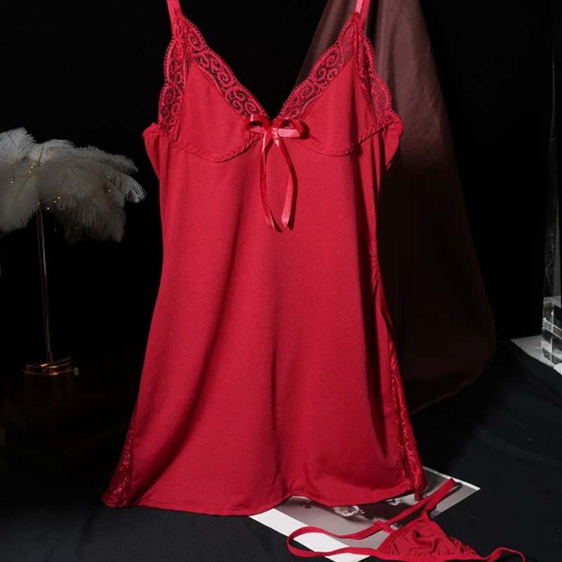 Camisón con cuello en V para mujer, vestido Sexy con tirantes y abertura lateral para dormir, camisón corto con lazo, ropa de dormir erótica seductora, M-2XL
