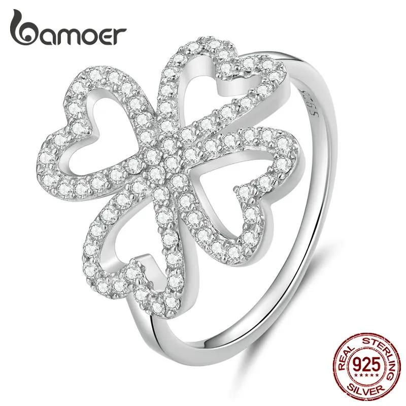 Bamoer 925 Sterling Silver Lucky Four-leaf Clover Ring for Women Birthday Gift Pave Setting CZ Fine Jewelry BSR399