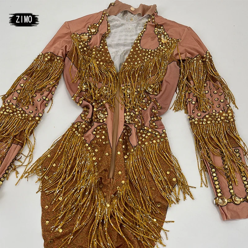 

tassels women Celebrate stage Team pole dance club party fashion leotard clothing Custom rhinestones bodysuit