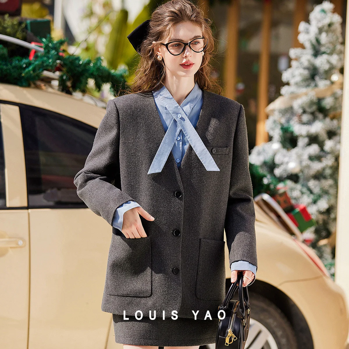 LOUIS YAO Women Down Jacket 2026 Winter Puffer Coat Elegant Blazer Style V Neck Tie Waist Contrast Panel Duck Down Warm Coat