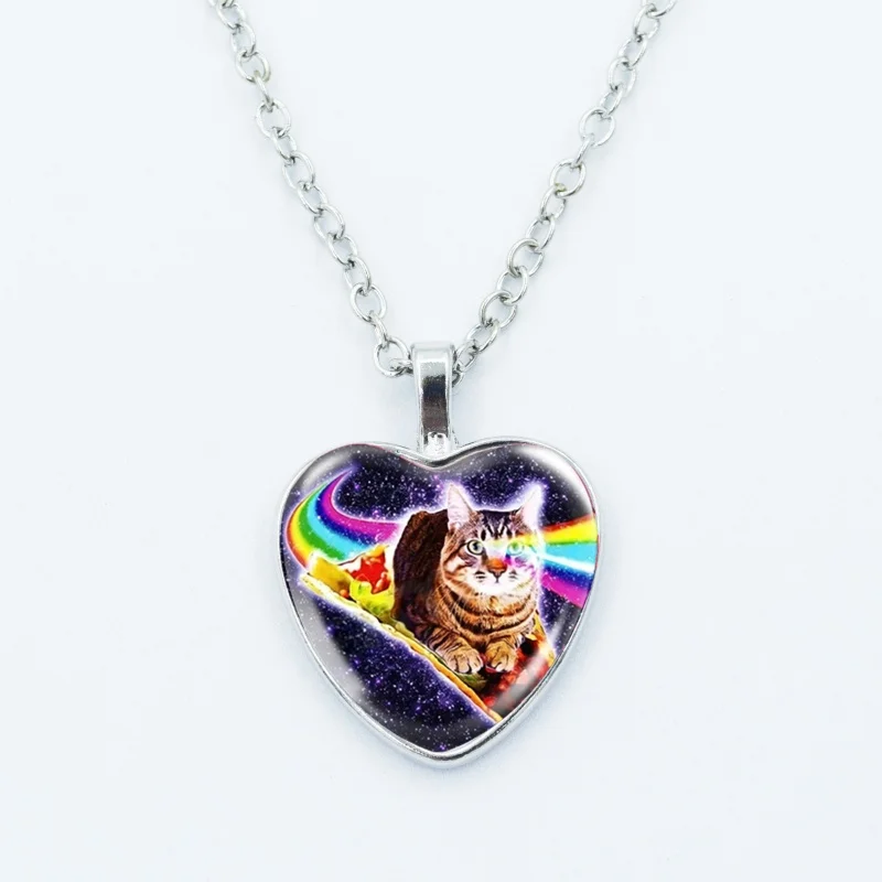 Colar com pingente de coração de gato alienígena, arco-íris, fofo e engraçado, formato de animal, arte, foto, vidro, cabochão, joias para crianças e mulheres