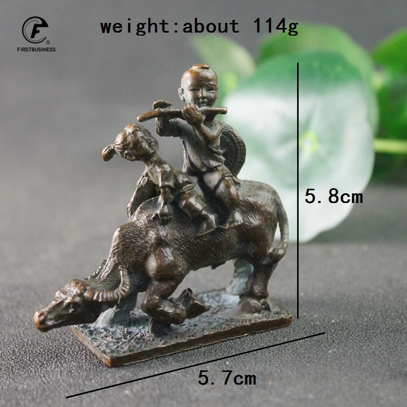 Antique Copper Little Children flute Riding Bull Small Statue Home Decorations Crafts Vintage Animal Figurines Desktop Ornaments