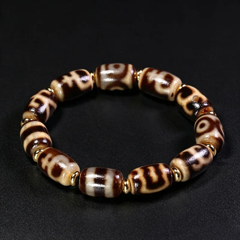 Polished , oily agate, chalcedony, multi-gem tiger tooth three-eye dzi bead bracelet