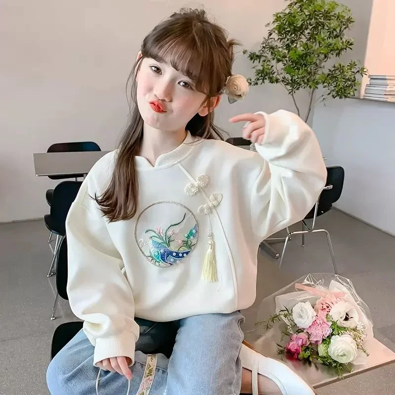 

Girls' Fleece-Lined Thickened Crewneck Sweatshirt - Stylish Chinese-Style New Autumn/Winter Kids Top