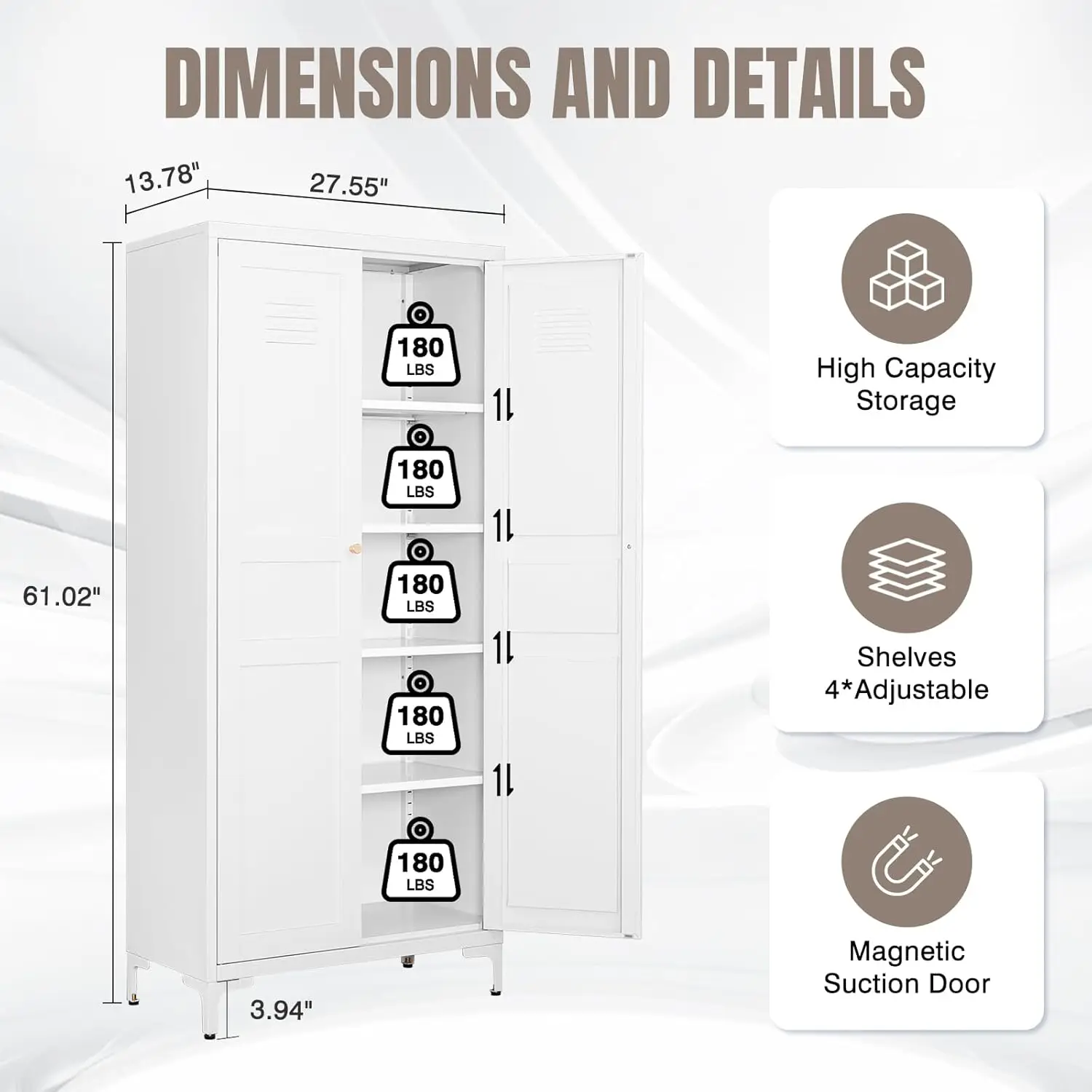 Gabinete de almacenamiento de metal con 2 puertas y 4 estantes ajustables - Gabinete de almacenamiento de despensa de cocina blanco de 61", gabinete de acero de 5 niveles