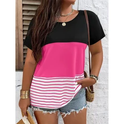 Camiseta con estampado 3d de rayas de colores para mujer, Tops con cuello en V, Tops informales para mujer, Camiseta holgada de moda Simple, versión grande