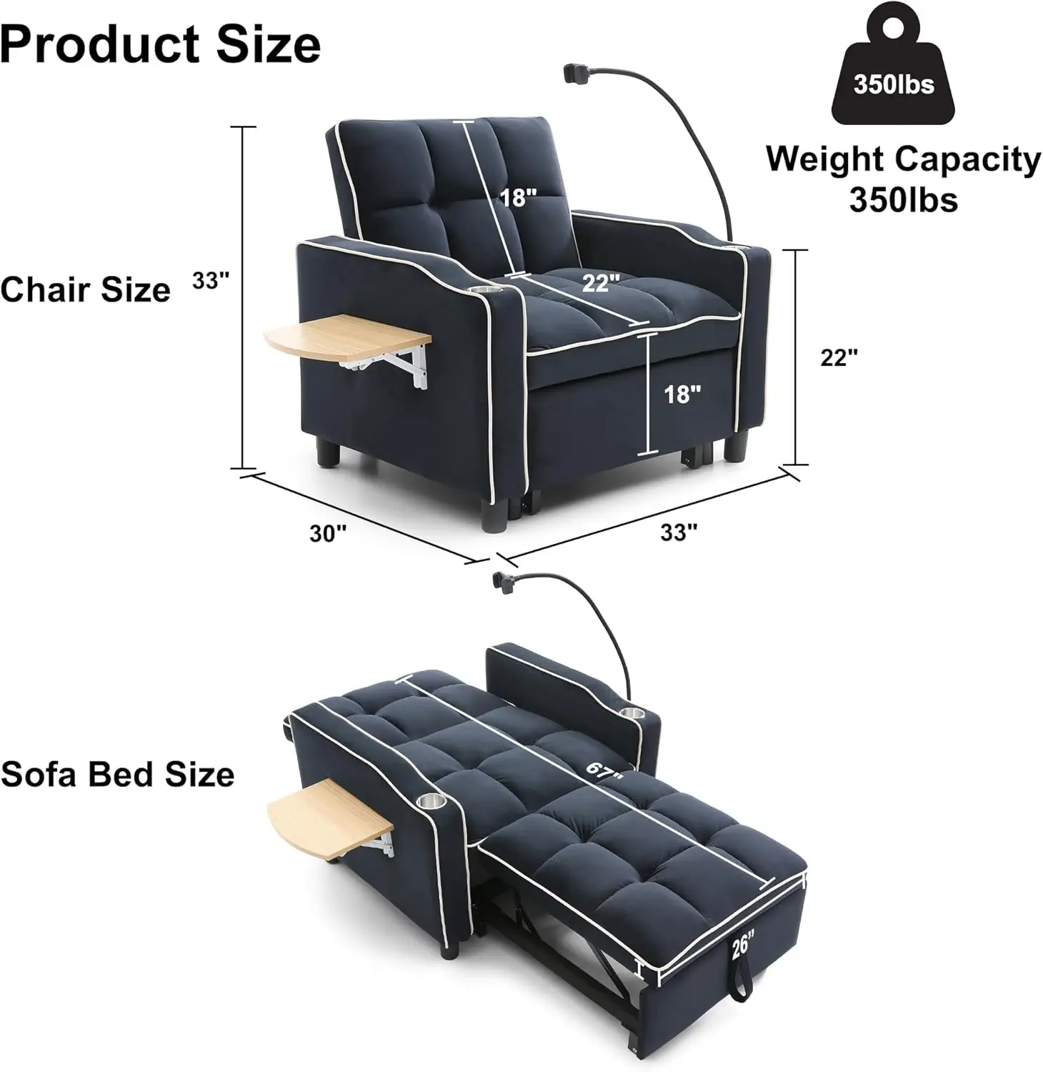 3-in-1 Convertible Velvet Sofa Chair Bed with Side Table Folding Sofa Couch with Pull Out Sleeper Bed with Cup Holder and Phone