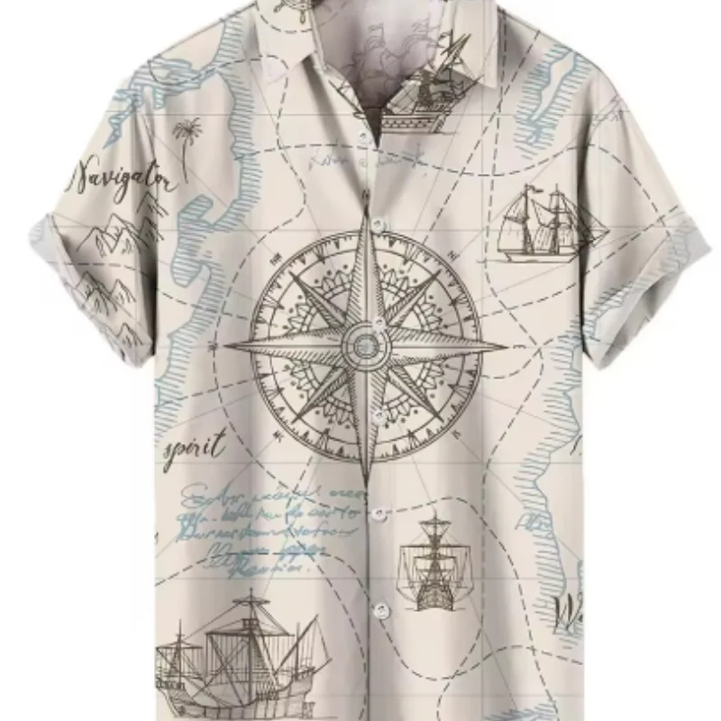 Kemeja Olahraga Pantai Hawaii Pria Atasan Pria Musim Panas Lengan Pendek Kasual Motif Perahu Layar 3D