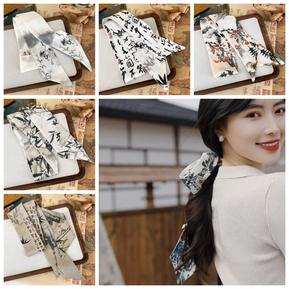 

Chinese Ancient Style Ribbon Headband Hair Ring Retro Hair Rope Ink Painting Silk Scarf Women Tied Hair Turban Fashion Headdress