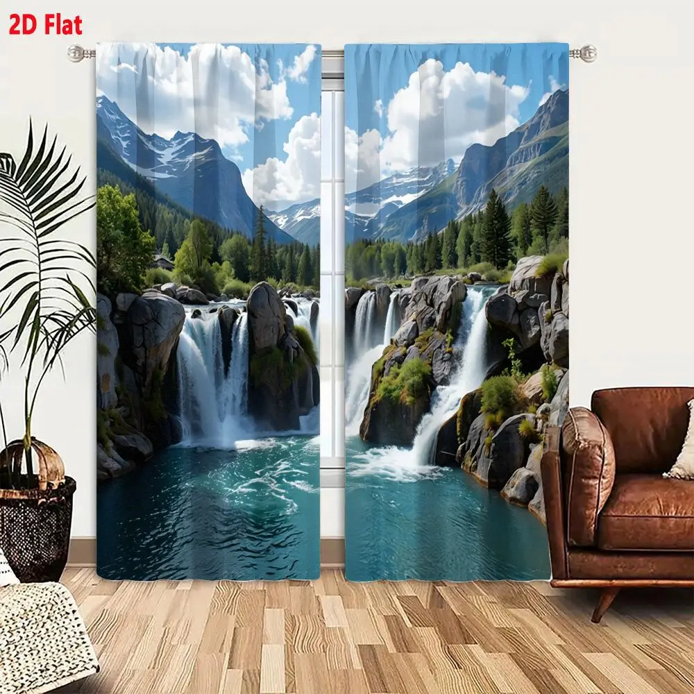 2Pcs Curtains 2D Flat Breathtaking Mountain Landscape With Waterfall Turquoise Pool Snowy Peaks And Evergreen Forest Window Drap