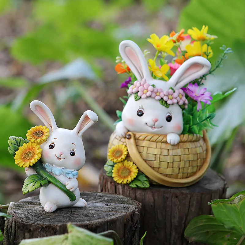 Cartoon Cute Rabbit Succulent Green Plant Flower Pot Resin Crafts Home Balcony Figurines Decoration Garden Courtyard Ornaments