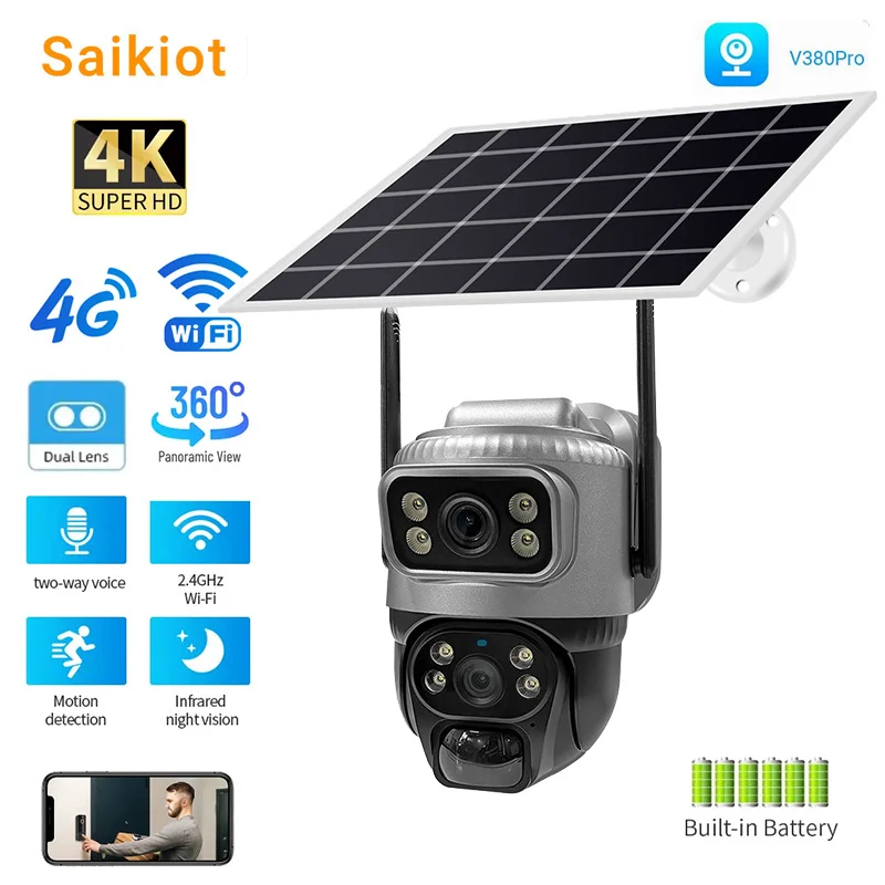 

Saikiot V380 Pro Solar Powered 4K 8MP 4G WIFI Camera Dual Lens 2 Screens Two Way Audio Waterproof Motion Detection CCTV Camera